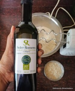 Flatbread ingredients with flour, yeast, and olive oil