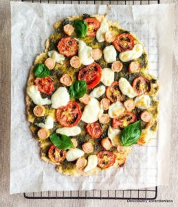 Flatbread with tomato, pesto, and mozzarella