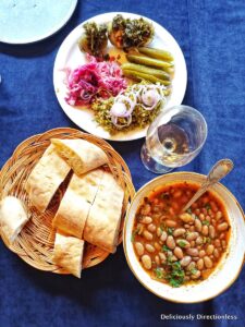 Lobio with bread and pickled vegetables in Tbilisi